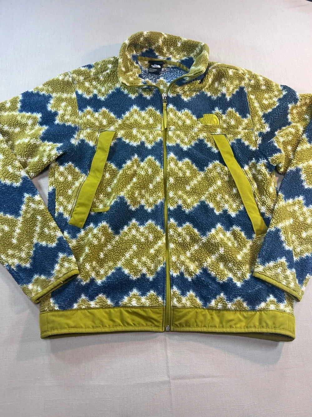 The North Face Sherpa Fleece Jacket Men’s Small Blue Green Full Zip Print Fleece